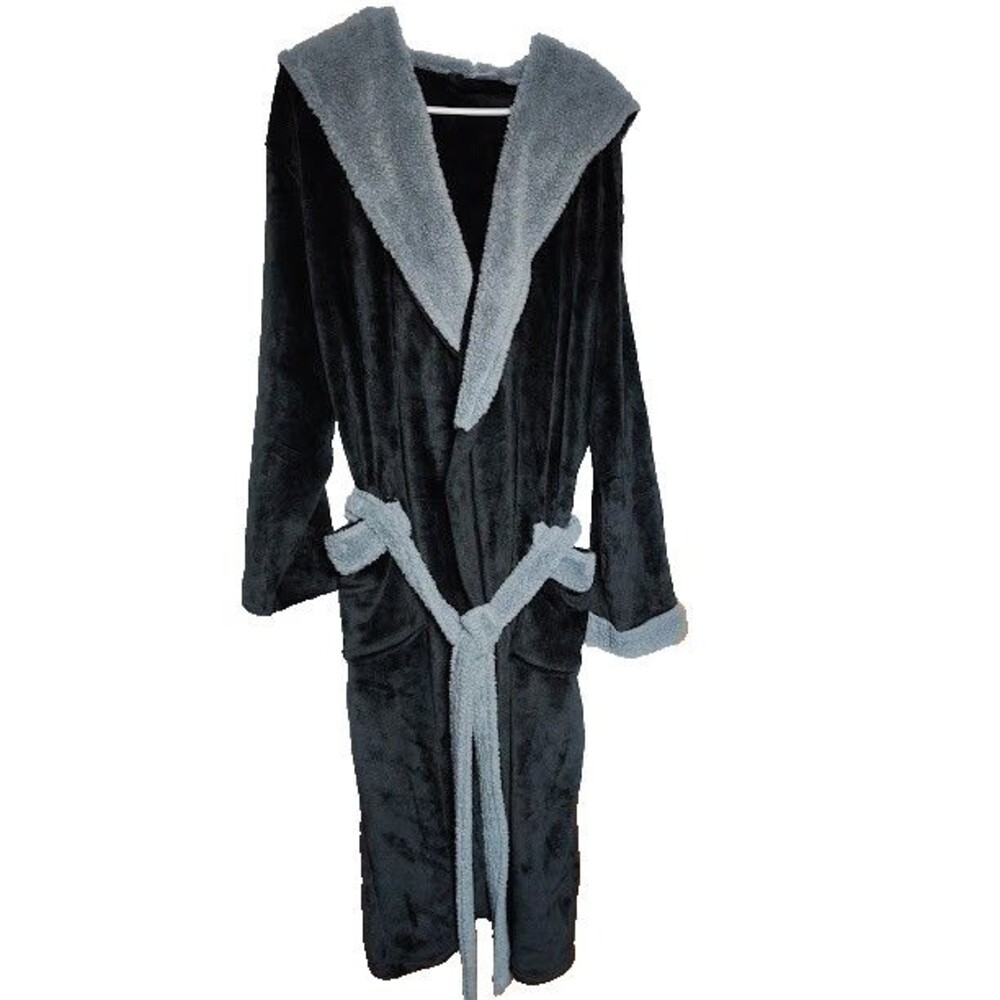 Mens Long Black & Gray Fleece Hooded Robe 2xl/3xl Unbranded US 48-52 EU 58-62